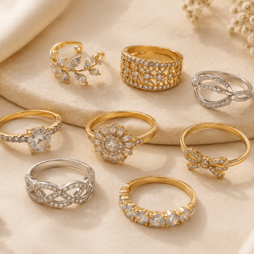 "Elegant artificial rings featuring gold and silver finishes with floral, bow, infinity, and crystal designs displayed on a soft beige background."